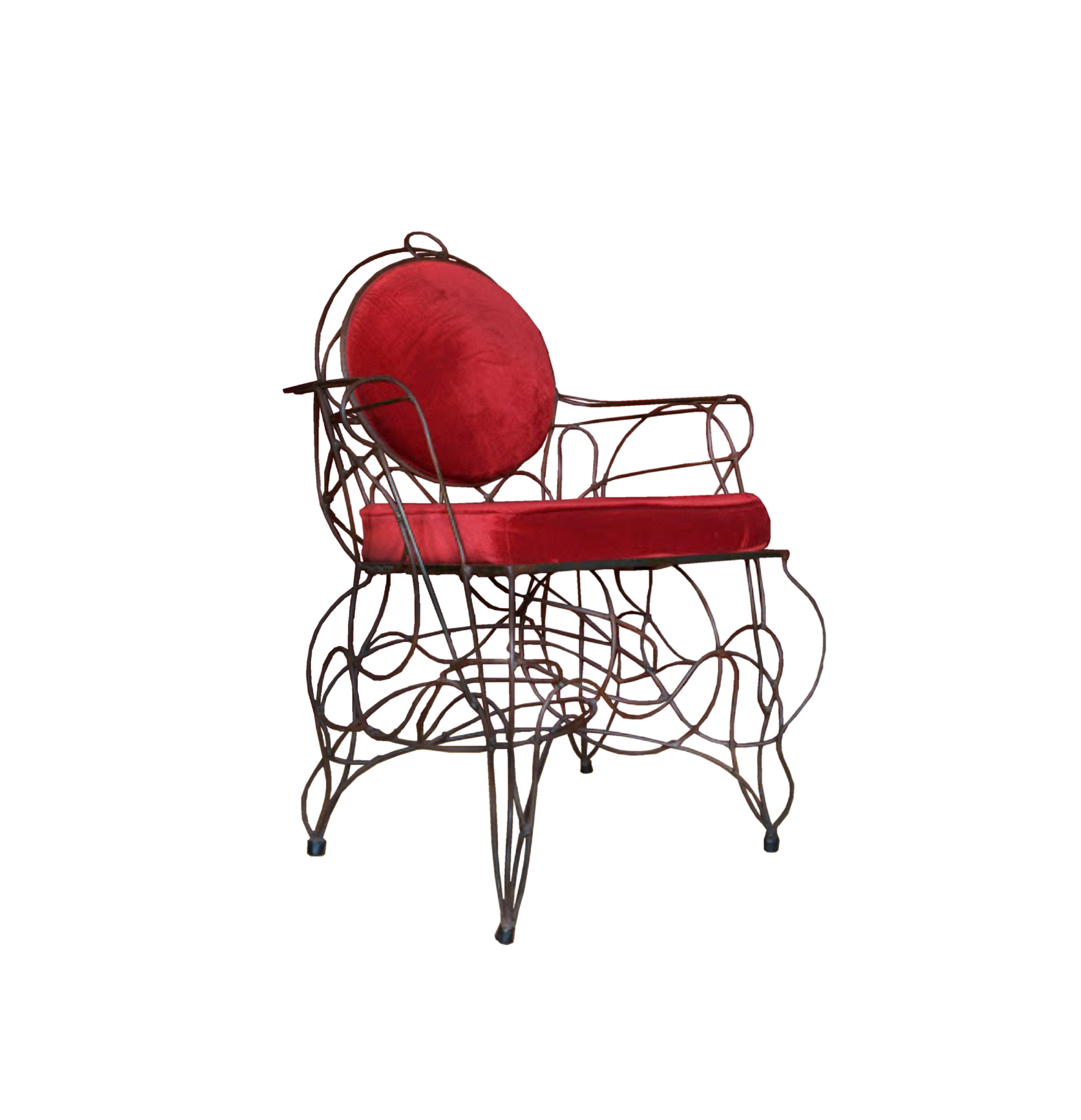 Image d'un fauteuil avec une structure en rond de fer de 6mm entortillé comme le brouillon d'un dessin avec des galettes en velours rouge pour l'assise et le dossier dim :60/60/50